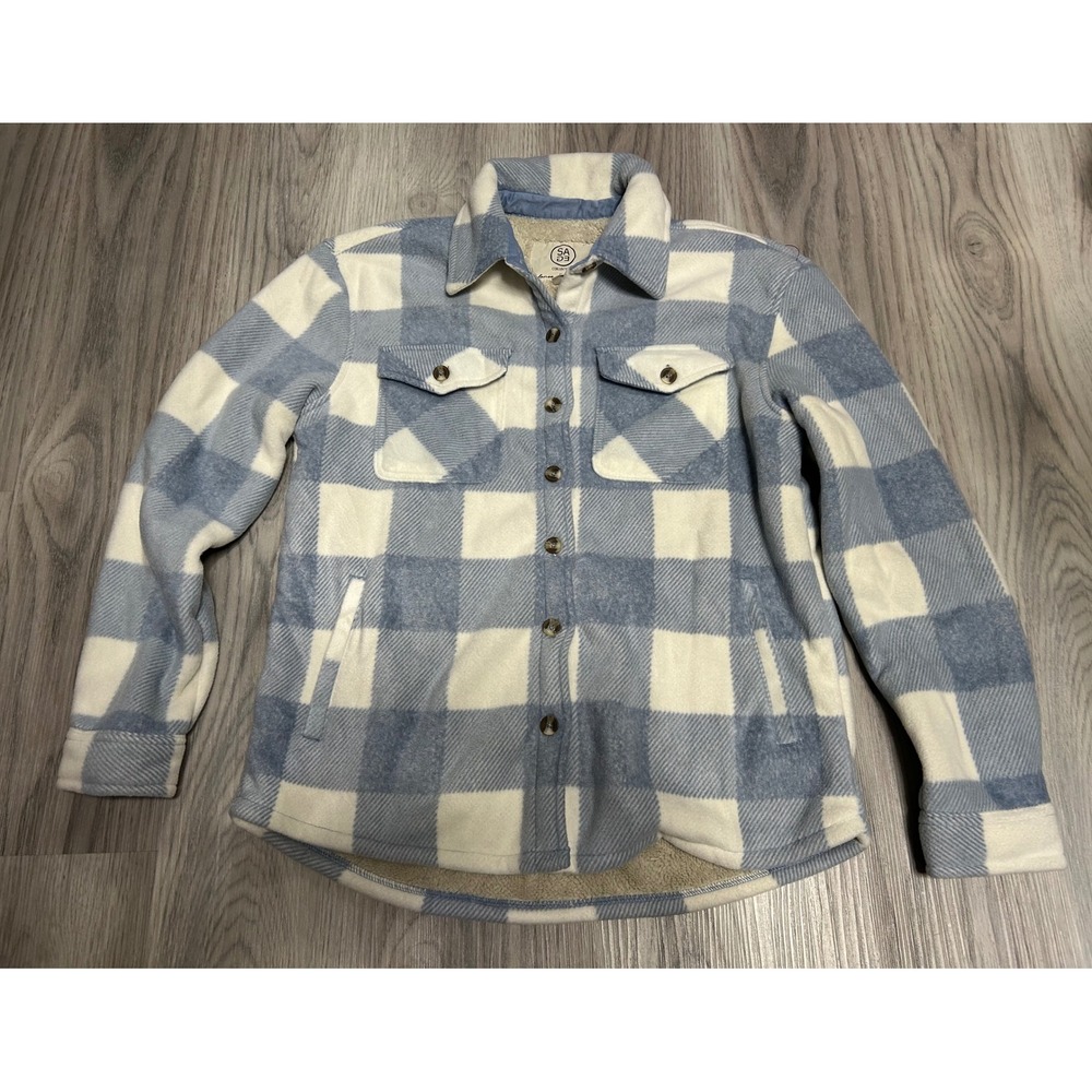 Sage Collective Womens Sherpa Lined Plaid Fleece Shacket Polyester S Blue White